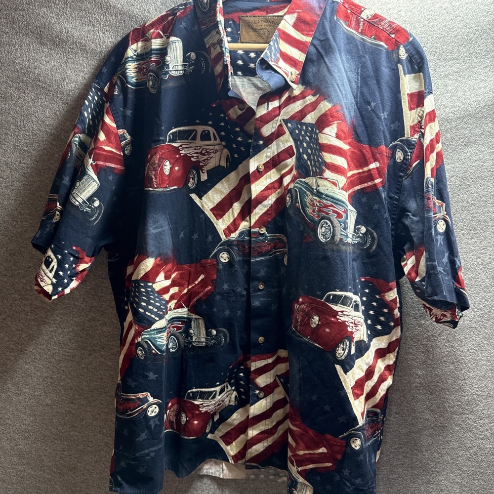Clearwater Outfitters Classic Cars USA Flag Short Sleeve Button Up Shirt Mens 2X